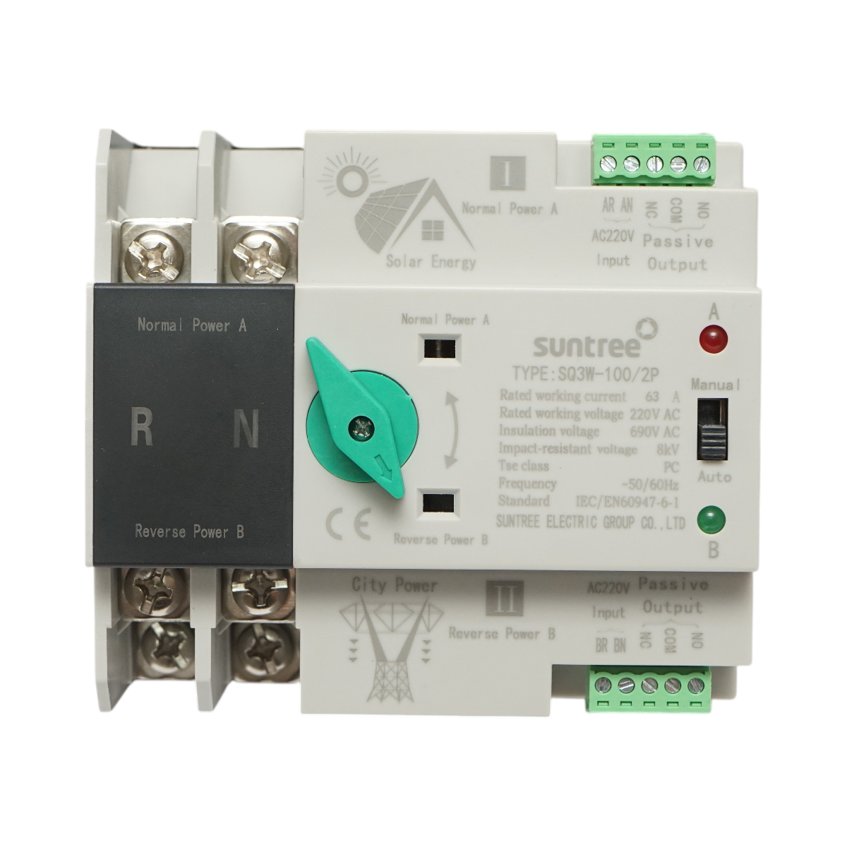 ATS switch 220V single-phase, automatic separator from photovoltaic panels to network SQ3W-100/2P Suntree